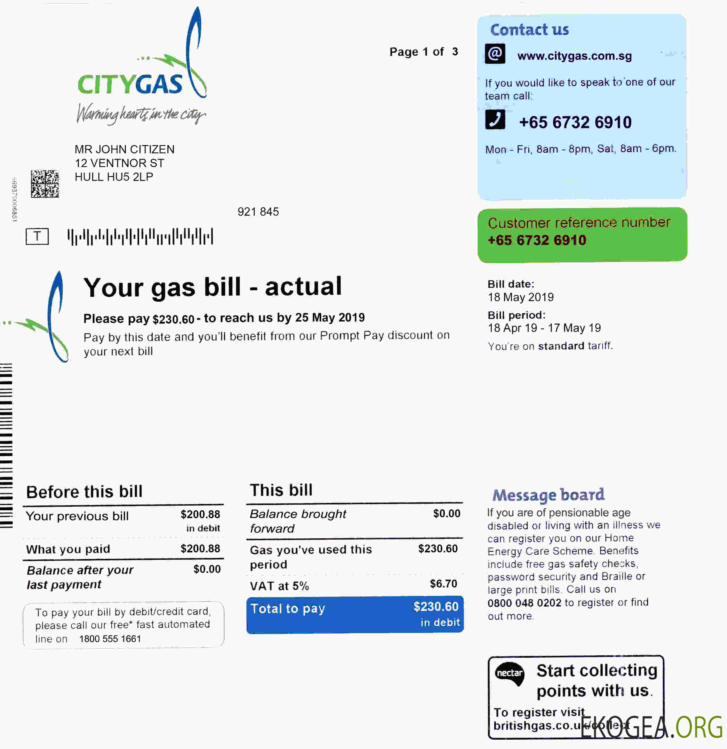 Singapore City Gas utility bill template, fully editable in PSD format